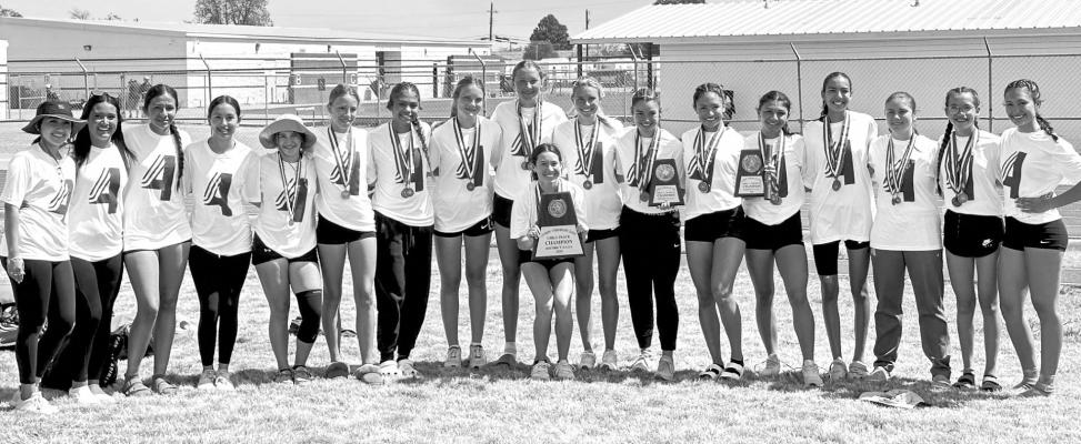 The Lady Bucks track and field team are four-peat District title winners. The varsity girls had a combined total team score of 233, 116 points over second place, and district championship hosts Crane. Courtesy photo