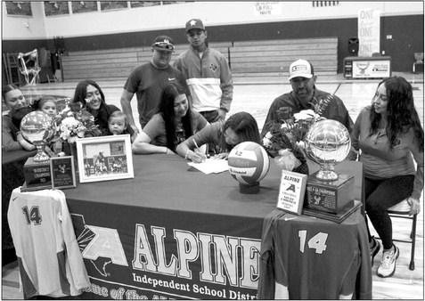 On April 24, friends, family, and fellow Alpine High School students gathered in the gym to help Novah Carrasco celebrate her signing day. Carrasco has been a multi-sport athlete throughout her high school career and will be joining the Sul Ross Lobos volleyball team. Photo by Joh Covington.