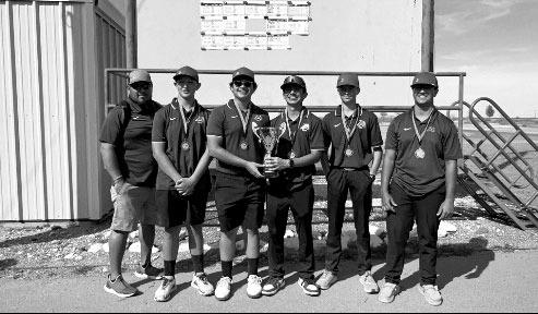 The Alpine Fightin’ Buck varsity boys golf team poses with their first-place trophy after winning the Wink tournament last week. Pictured are Coach Marco Gomez, Levi Garcia, David Baca, Mateo Solis, Riley Killingsworth, and Abram “Ace” Granado. Courtesy photo
