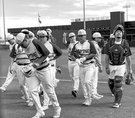 The Alpine Fightin’ Bucks baseball team is pictured leaving the field in Seminole at this past weekend’s tournament held at Robert Ryan field. The Bucks went 1-3 in the non-district tournament. Courtesy photo