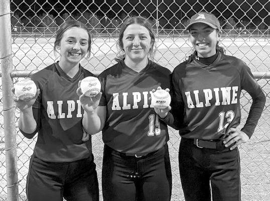 Sierra Ruckman, Kody Hawkins, and Emy Hernandez hold up their homerun balls from this past weekend’s Fox tournament held in El Paso. Both Ruckman and Hernandez had their first home runs of the season, while Hawkins had three in this weekend’s tournament. Courtesy photo