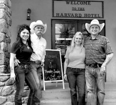 Harvard Bar and Grill manager Audrey Ann Hicks, owner Roy Hurley, Harvard Hotel manager Kendra Hurley, and H.E. Sproul Ranch Foreman Roy “Hunter” Hurley, Jr. Courtesy photo