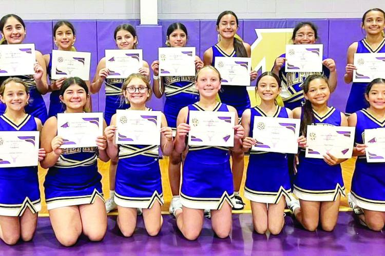 The Alpine High School cheerleaders hosted a three-day cheer camp last week for the Alpine Middle School cheerleaders. The girls worked on skills, stunts, and team building. Pictured with their certificates of completion are (front) Henleigh Anderson, Areyiah Molinar, Stella Kincade, Edie Dubois, Maxine Pitts, Rayah Ramos, and Taylor Ramirez. In the back are Leilani Soto, Athena Villanueva, Layla Chavarria, Isabel Villanueva, Isela Carrasco, Rhyder Vasquez, and Eivary Mercado.